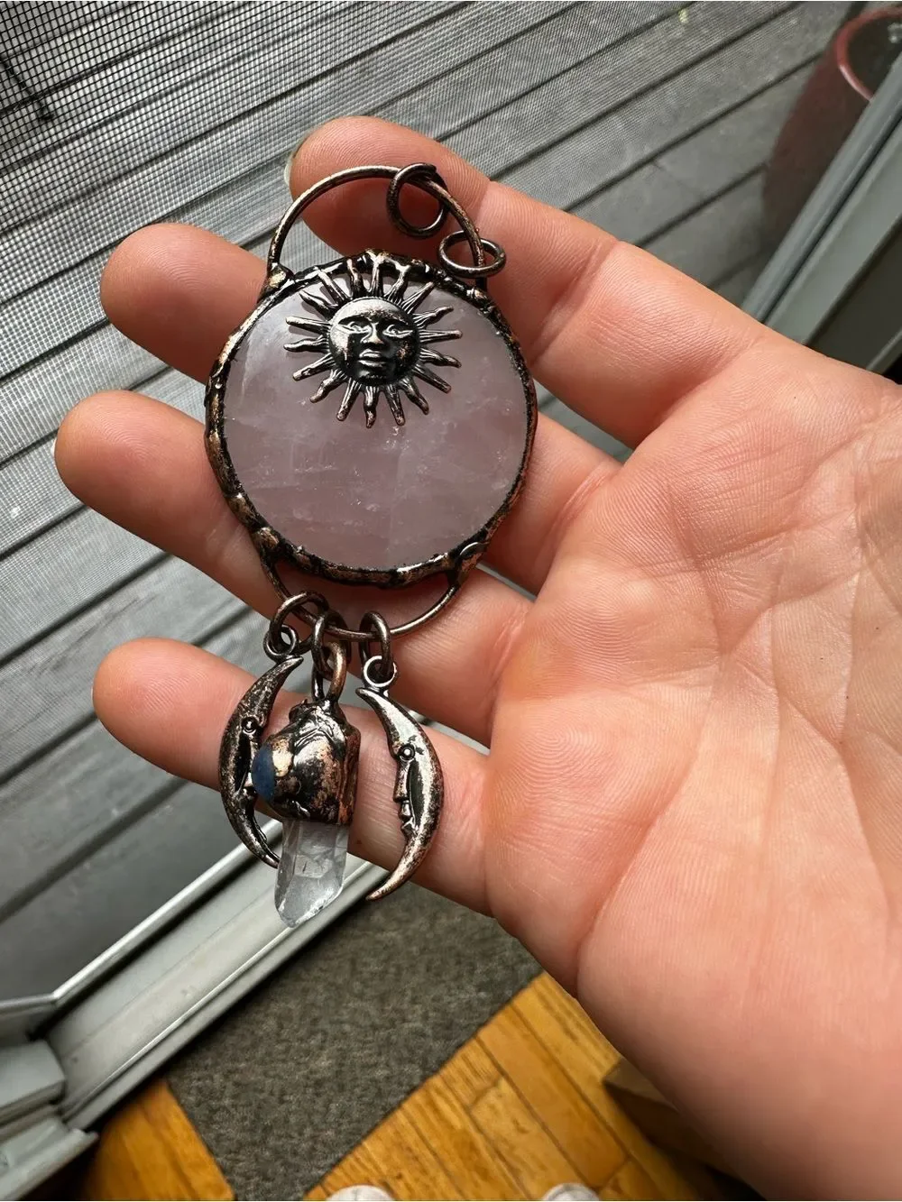 Rose Quartz Sun & Moon Pendant Necklace with Copper Accents